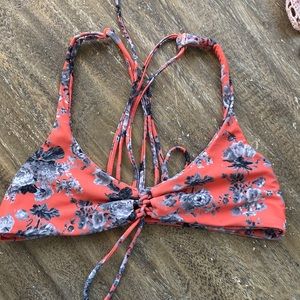 Boys & Arrows orange & grey flower print bikini top, size S.